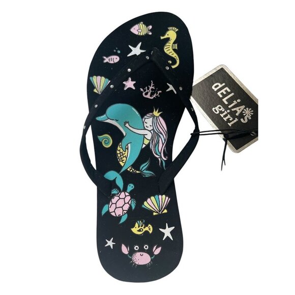 dELiA*'s Girl Rhinestone Flip Flops - Black - Mermaid Under the Sea Pattern (2/3 - Picture 1 of 3